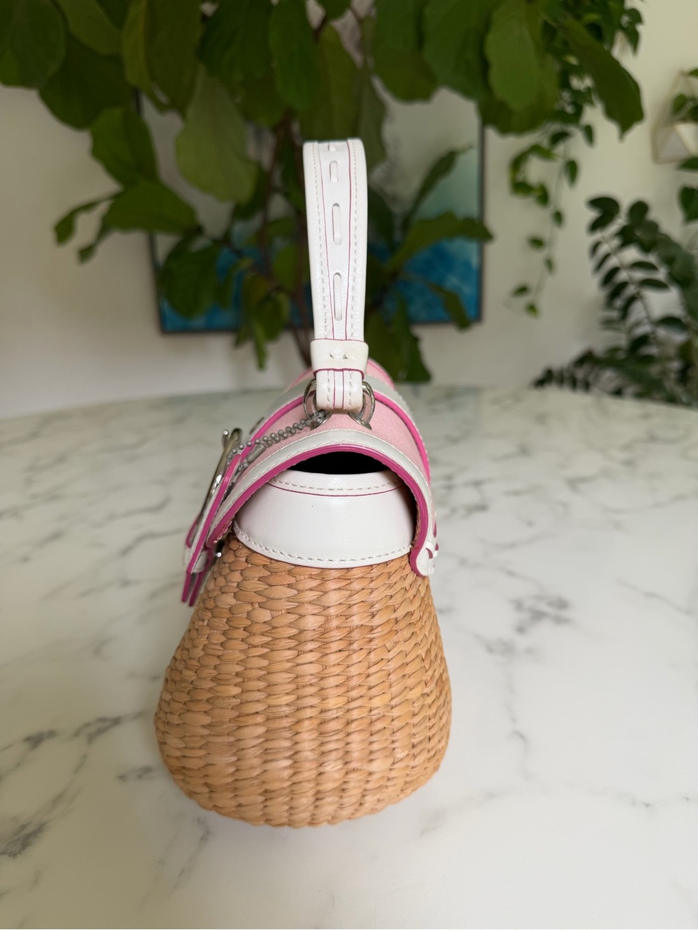 Coach Vintage Y2K Soho Straw Top Handle Basket Satchel Bag 6272 Pink White - Picture 4 of 16
